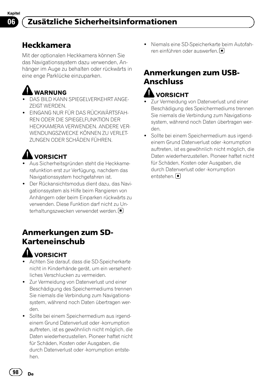 Heckkamera, Anmerkungen zum sd-karteneinschub, Anmerkungen zum usb-anschluss | Anmerkungen zum sd- karteneinschub, Anmerkungen zum usb- anschluss, 06 zusätzliche sicherheitsinformationen | Pioneer AVIC-F30BT User Manual | Page 98 / 124