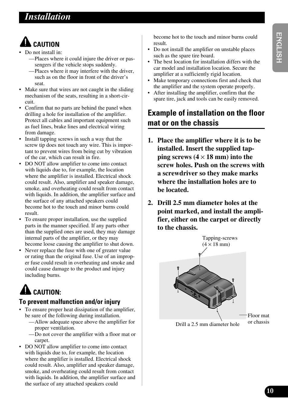 Installation, Example of installation on the floor mat, Or on the chassis | Pioneer GM-3200T User Manual | Page 11 / 85