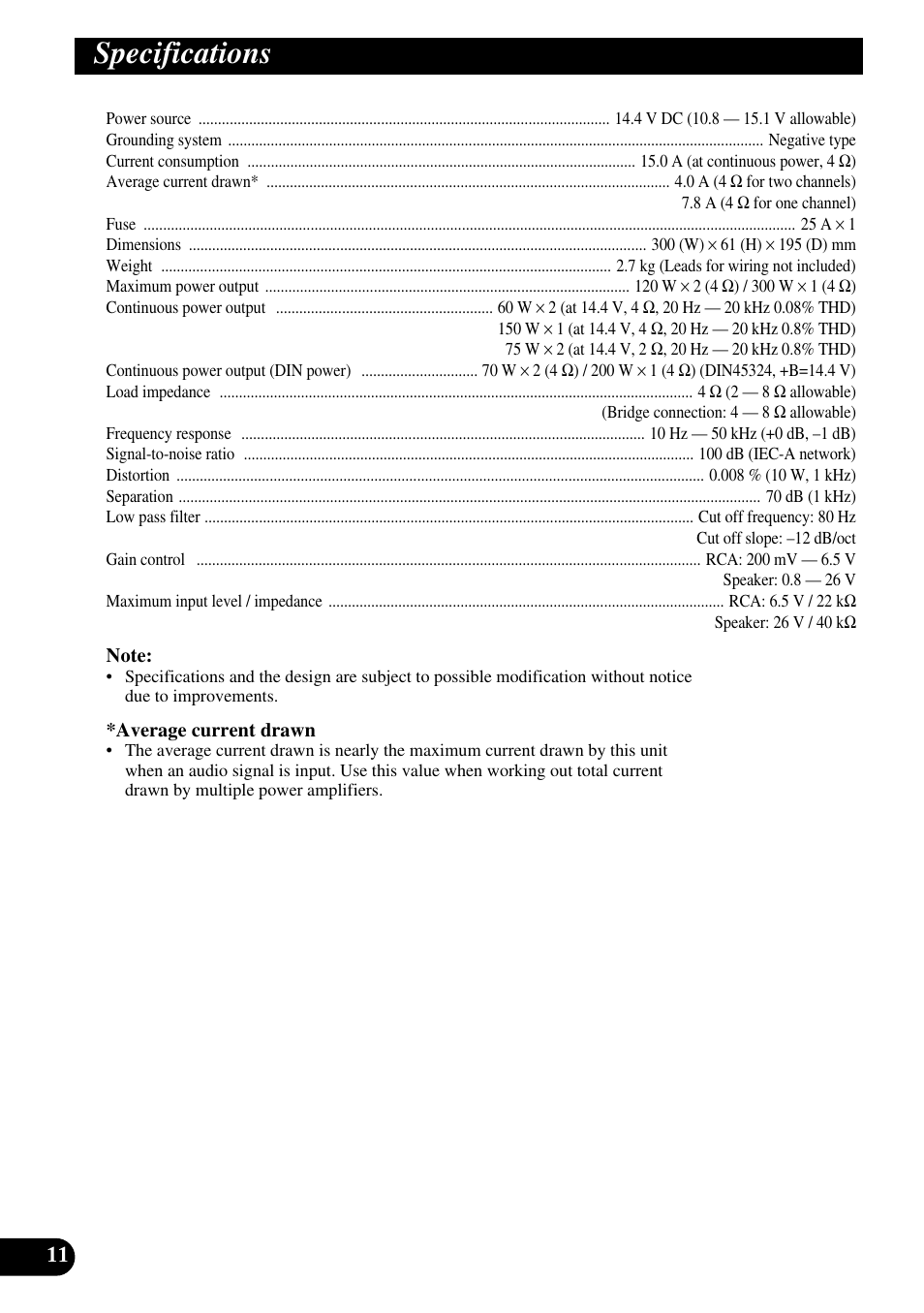 Specifications | Pioneer GM-3200T User Manual | Page 12 / 85