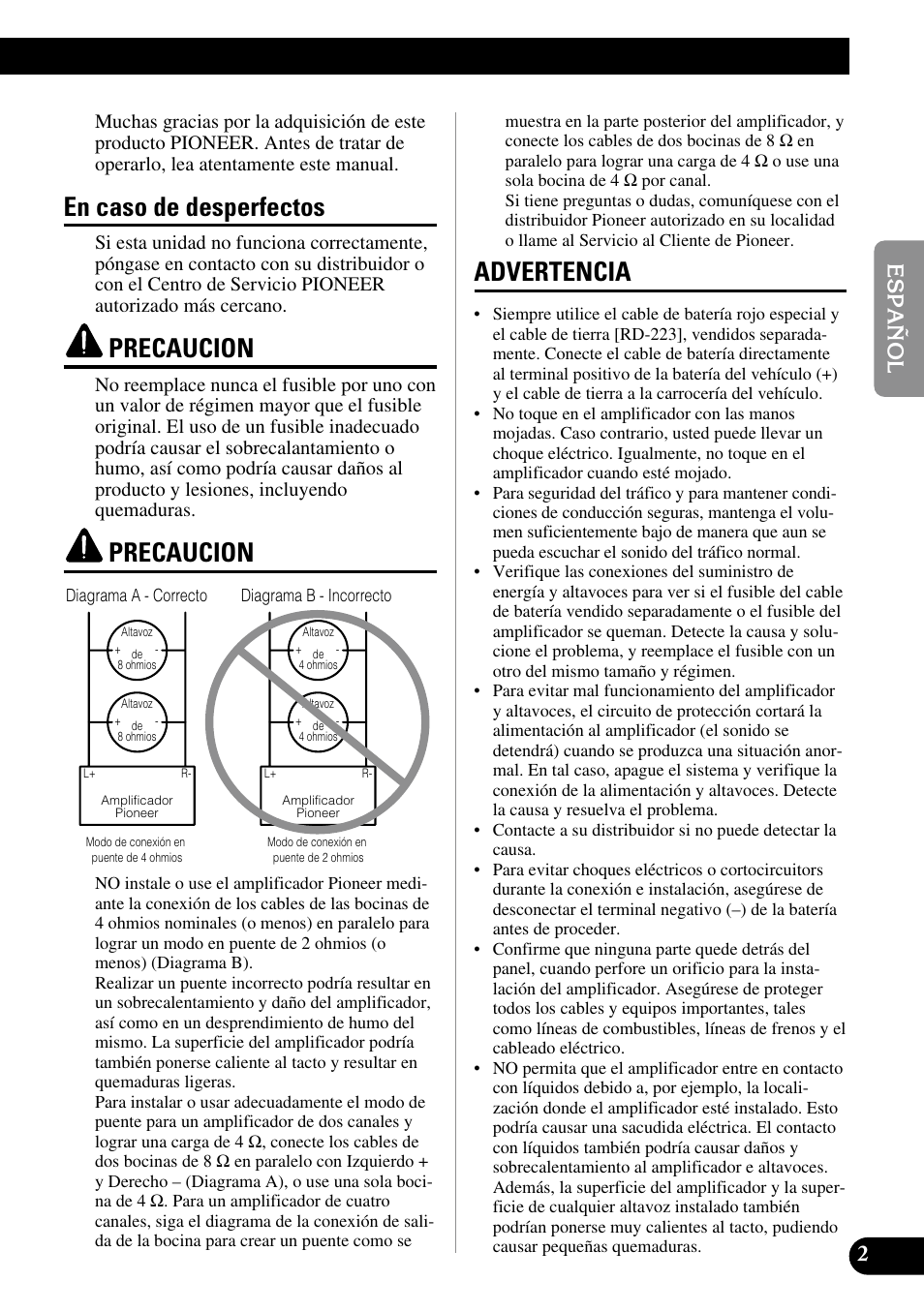 En caso de desperfectos, Precaucion, Advertencia | Pioneer GM-3200T User Manual | Page 15 / 85