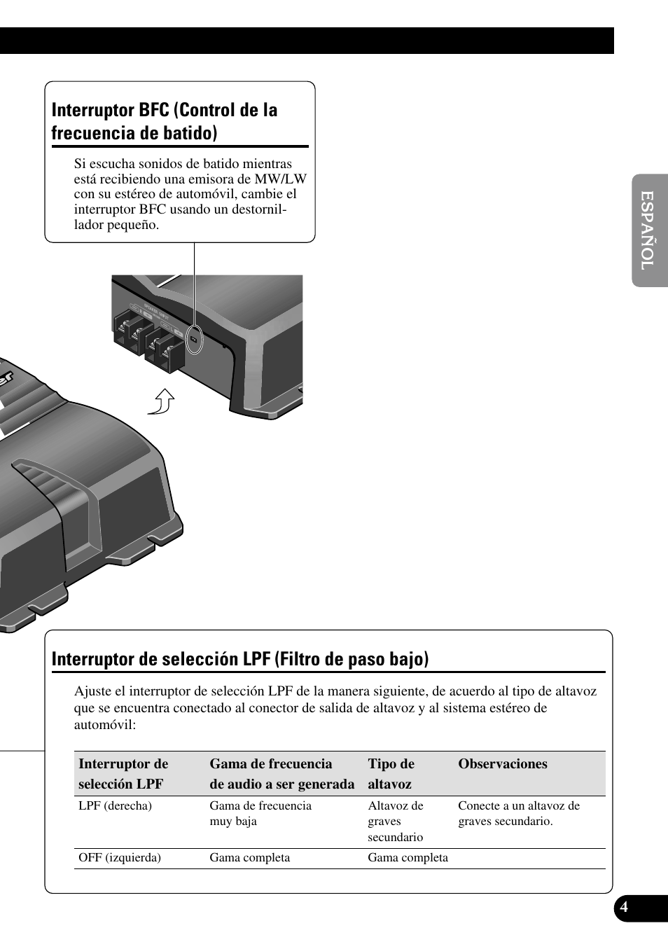 Interruptor bfc, Control de la frecuencia de batido), Interruptor de selección | Lpf (filtro de paso bajo), Interruptor de selección lpf (filtro de paso bajo) | Pioneer GM-3200T User Manual | Page 17 / 85