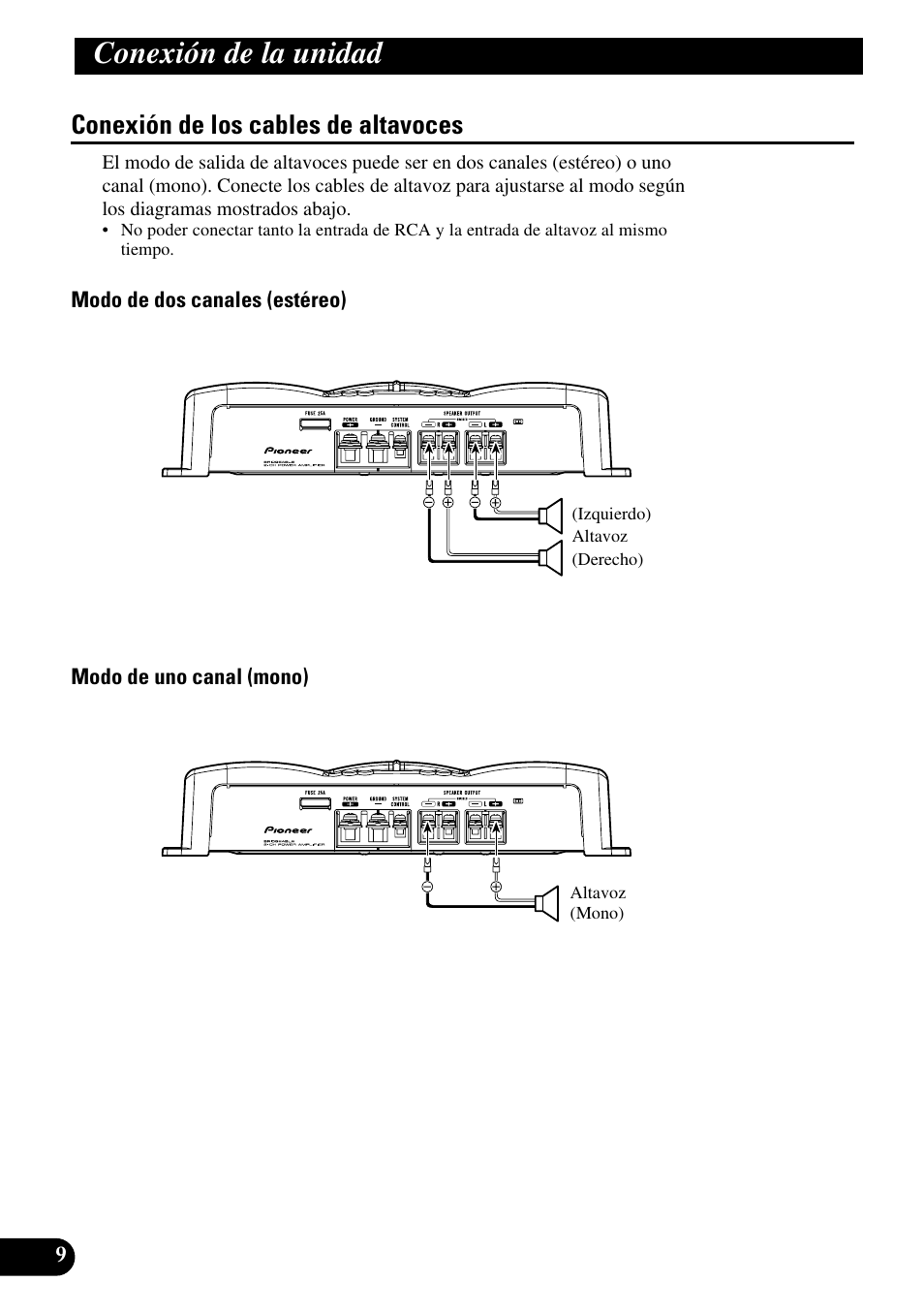 Conexión de los cables de altavoces, Conexión de la unidad | Pioneer GM-3200T User Manual | Page 22 / 85