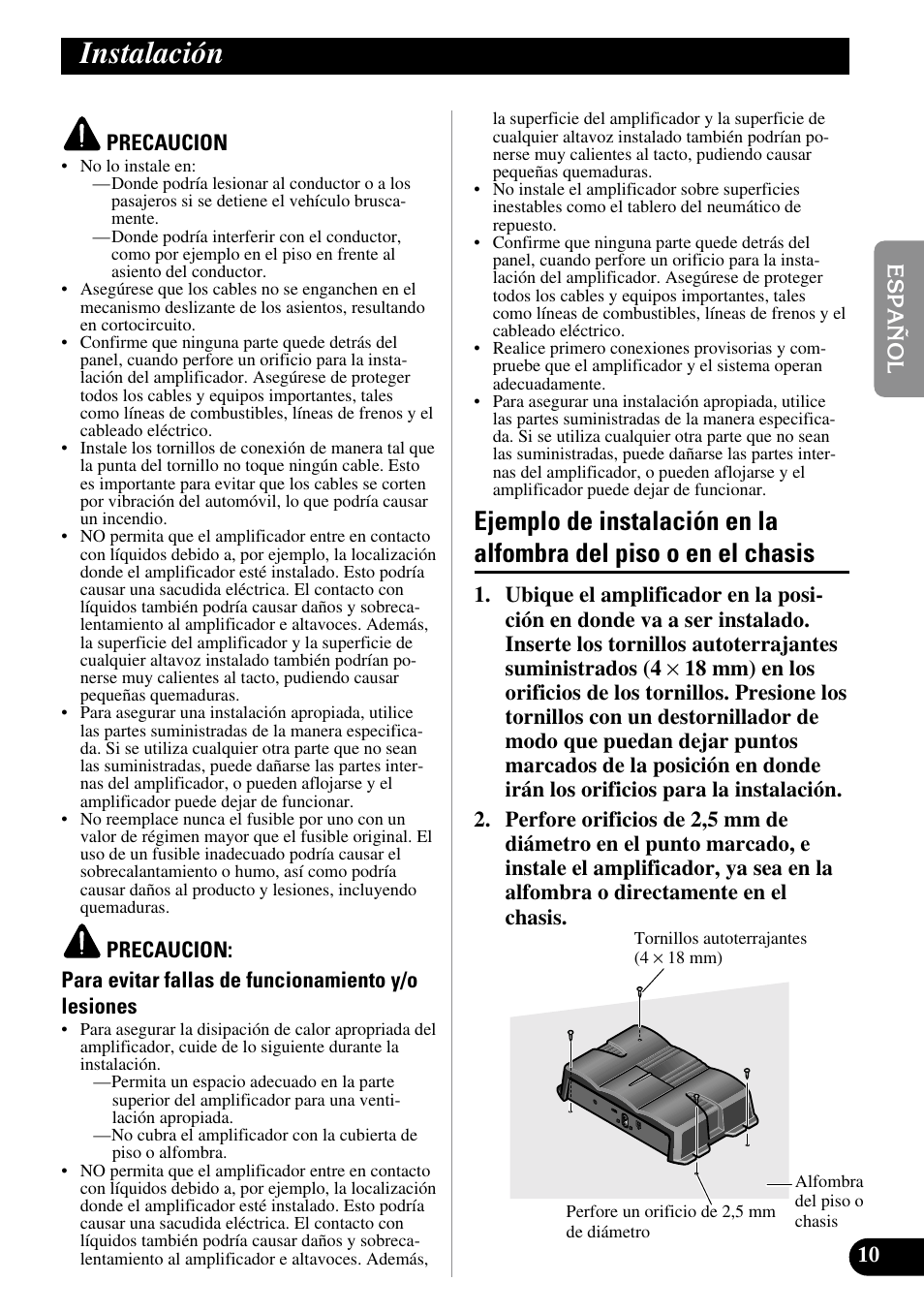 Instalación, Ejemplo de instalación en la alfombra, Del piso o en el chasis | Pioneer GM-3200T User Manual | Page 23 / 85