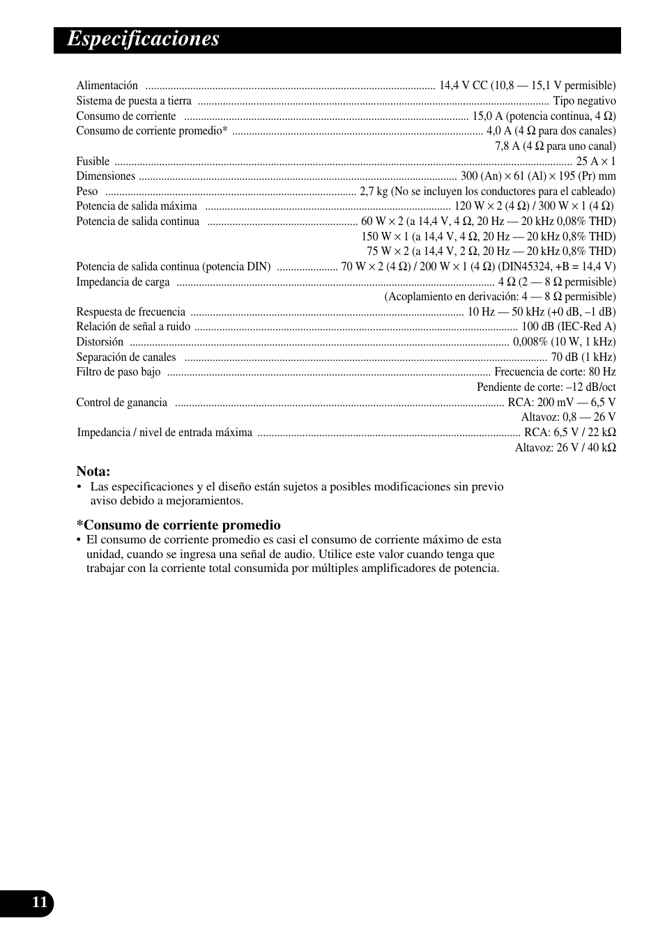 Especificaciones | Pioneer GM-3200T User Manual | Page 24 / 85