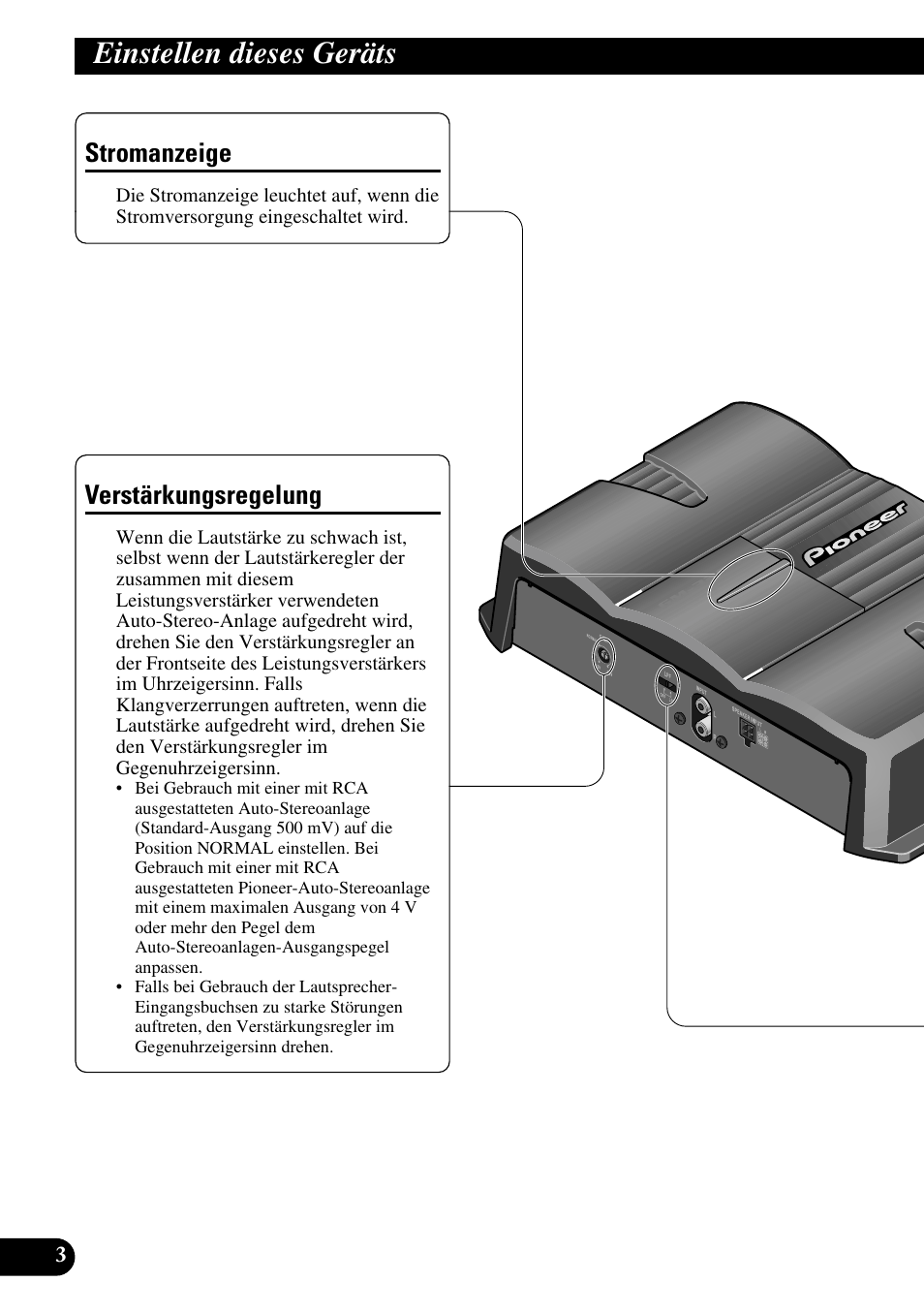 Einstellen dieses geräts, Stromanzeige verstärkungsregelung, Verstärkungsregelung | Stromanzeige | Pioneer GM-3200T User Manual | Page 28 / 85