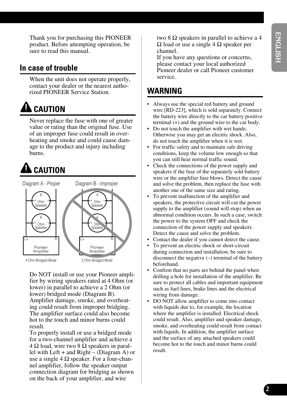 In case of trouble caution caution warning, Caution, Warning | Pioneer GM-3200T User Manual | Page 3 / 85