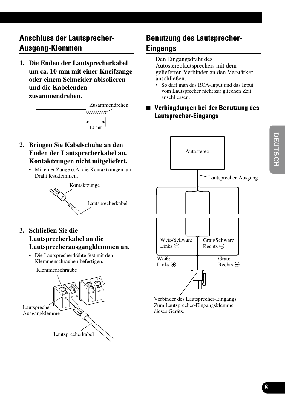 Anschluss der lautsprecher-ausgang, Klemmen, Benutzung des lautsprecher-eingangs | Anschluss der lautsprecher- ausgang-klemmen, Benutzung des lautsprecher- eingangs | Pioneer GM-3200T User Manual | Page 33 / 85