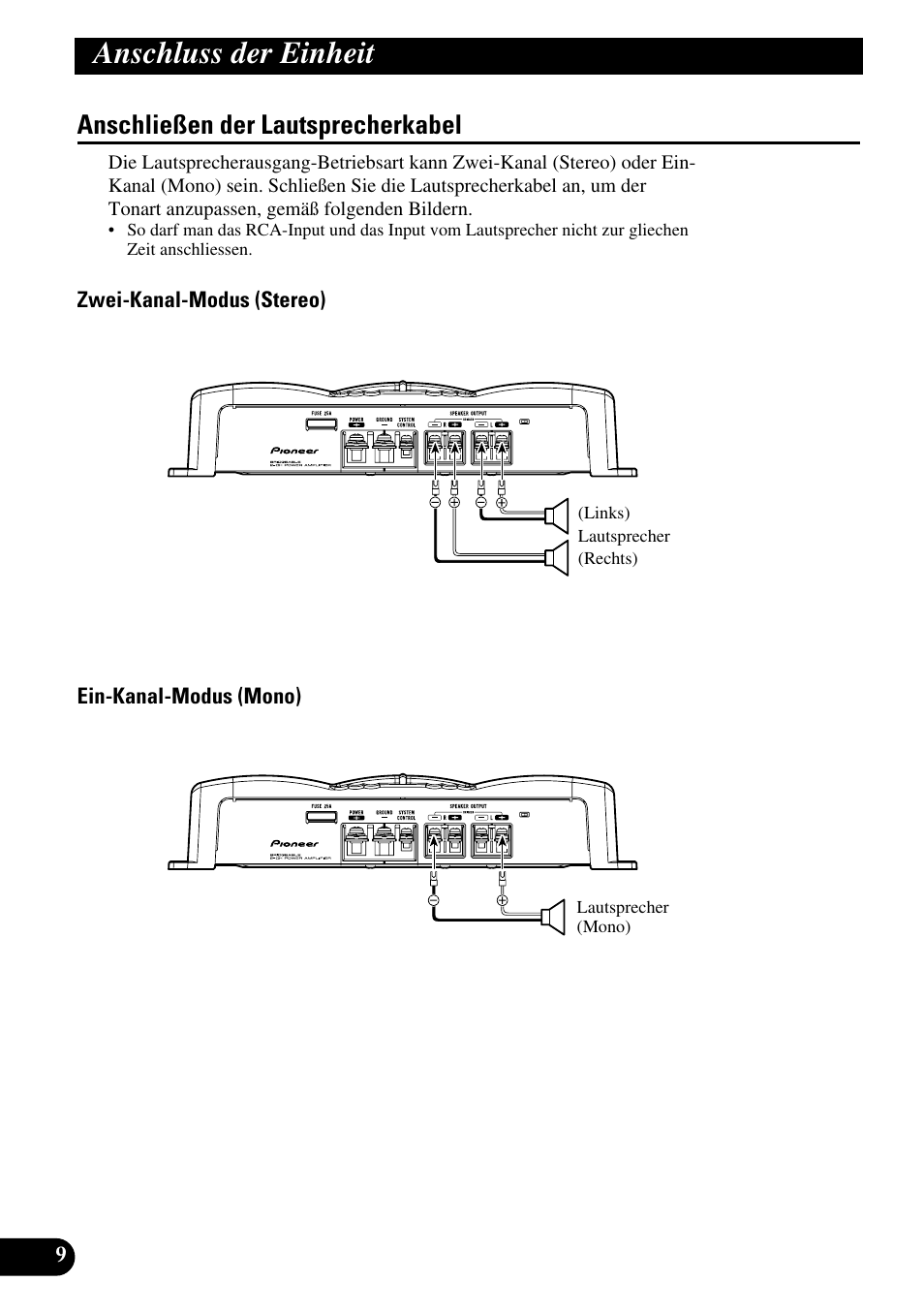 Anschließen der lautsprecherkabel, Anschluss der einheit | Pioneer GM-3200T User Manual | Page 34 / 85