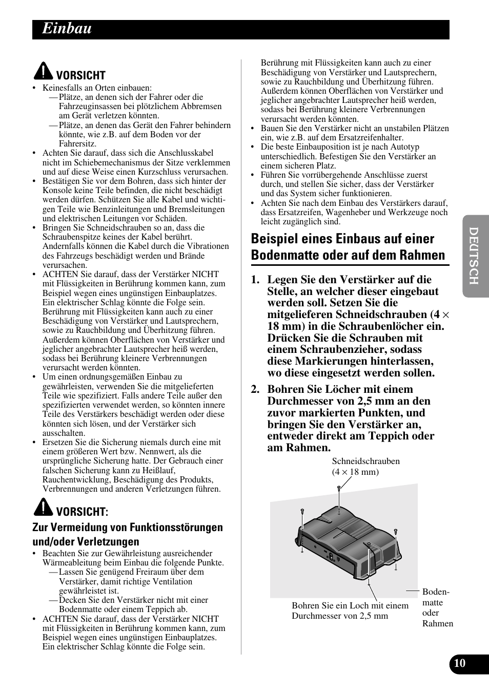 Einbau, Beispiel eines einbaus auf einer, Bodenmatte oder auf dem rahmen | Pioneer GM-3200T User Manual | Page 35 / 85