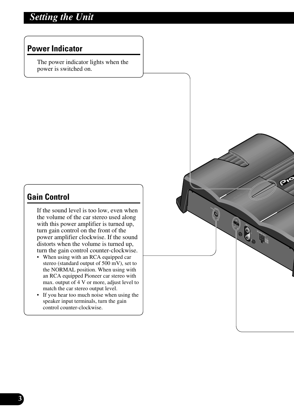 Setting the unit, Power indicator gain control, Gain control | Power indicator | Pioneer GM-3200T User Manual | Page 4 / 85