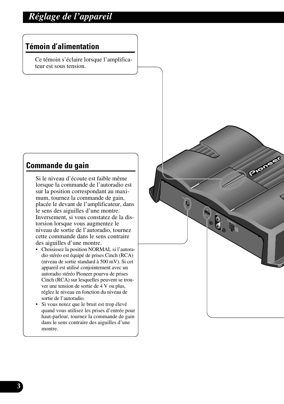 Réglage de l’appareil, Témoin d’alimentation commande du gain, Commande du gain | Témoin d’alimentation | Pioneer GM-3200T User Manual | Page 40 / 85