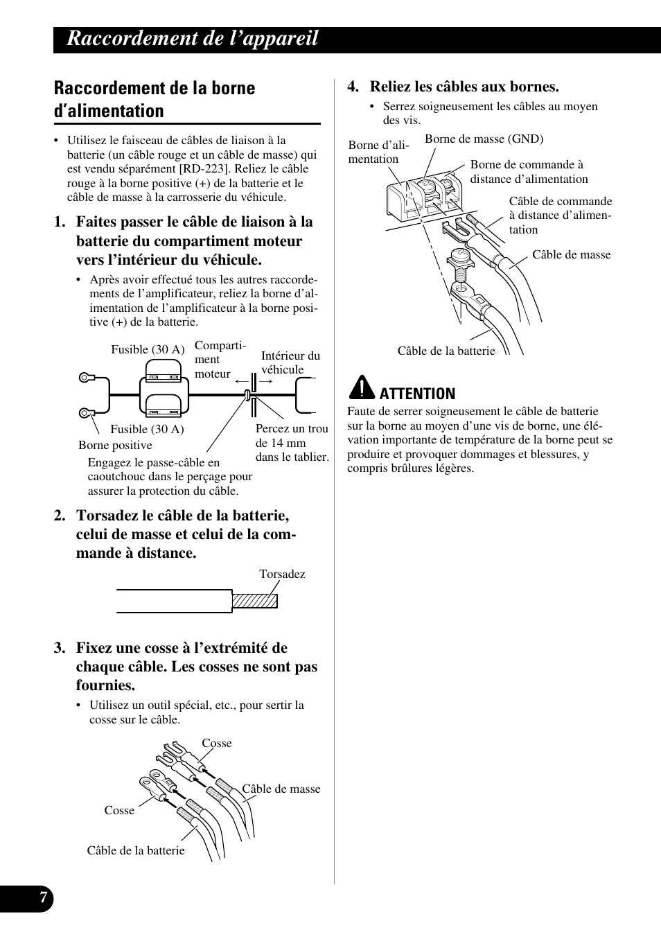 Raccordement de la borne d’alimentation, Raccordement de l’appareil | Pioneer GM-3200T User Manual | Page 44 / 85