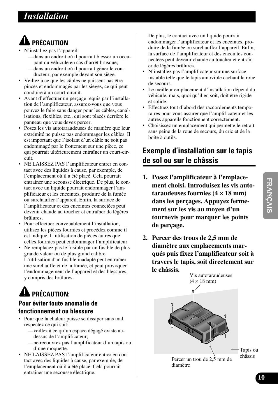 Installation, Exemple d’installation sur le tapis de sol, Ou sur le châssis | Pioneer GM-3200T User Manual | Page 47 / 85