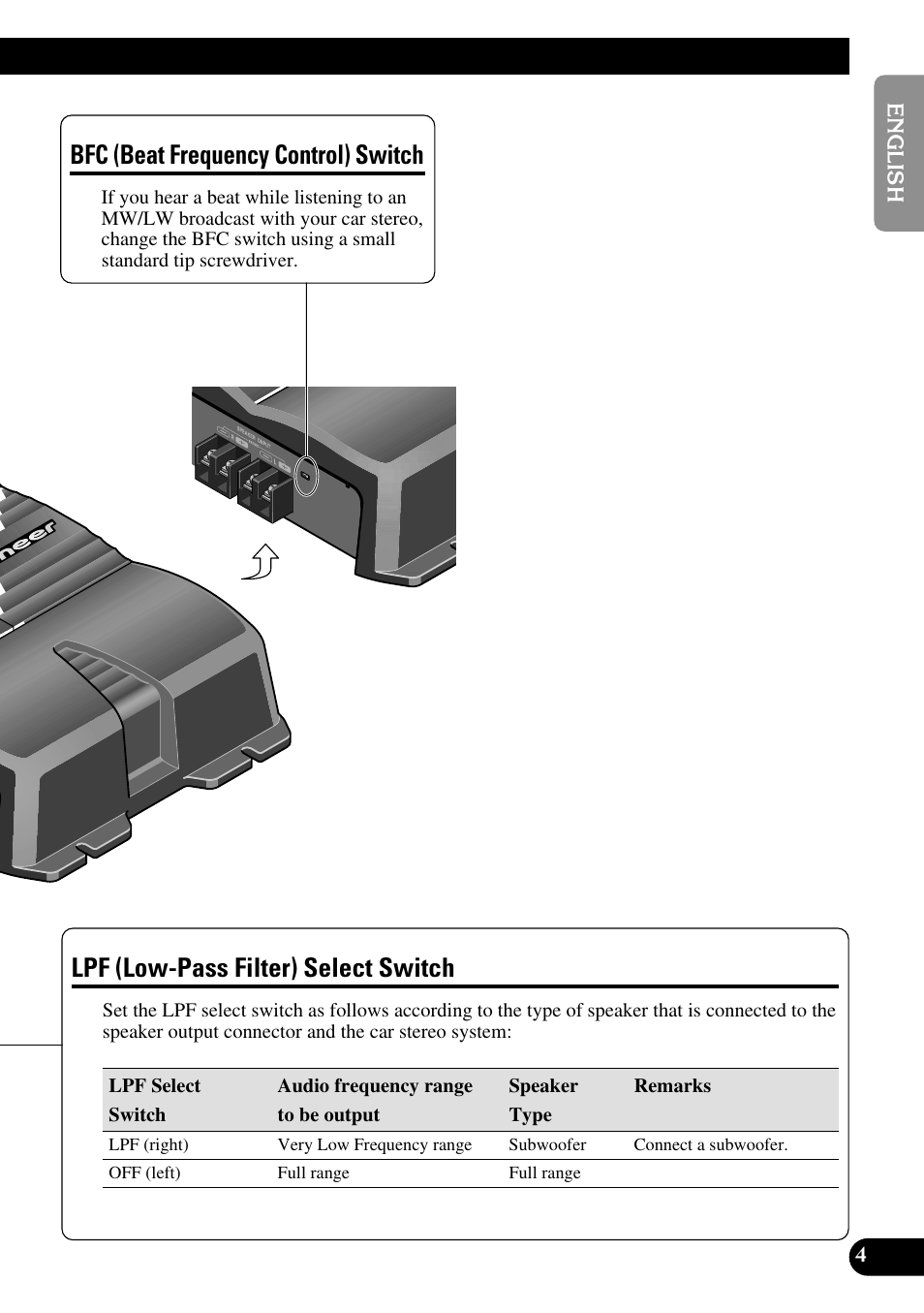 Lpf (low-pass filter) select switch, Bfc (beat frequency control) switch | Pioneer GM-3200T User Manual | Page 5 / 85