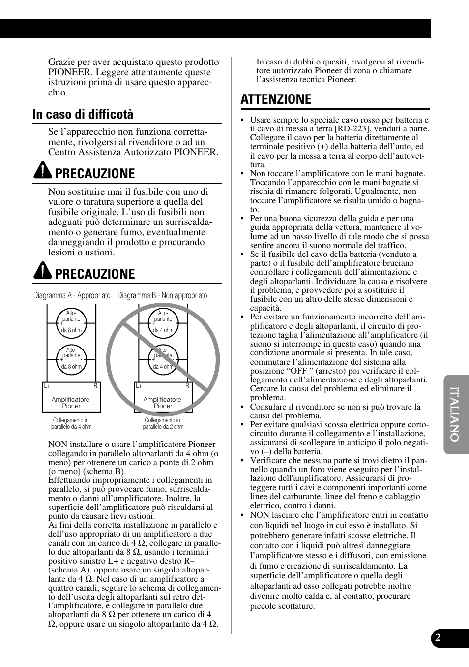Precauzione, Attenzione | Pioneer GM-3200T User Manual | Page 51 / 85