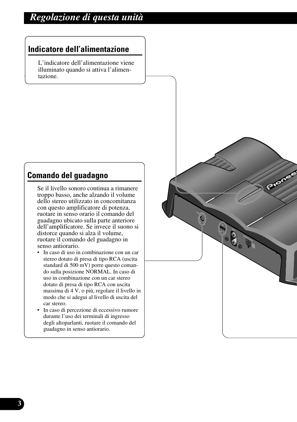 Regolazione di questa unità, Indicatore dell’alimentazione comando del guadagno, Comando del guadagno | Indicatore dell’alimentazione | Pioneer GM-3200T User Manual | Page 52 / 85