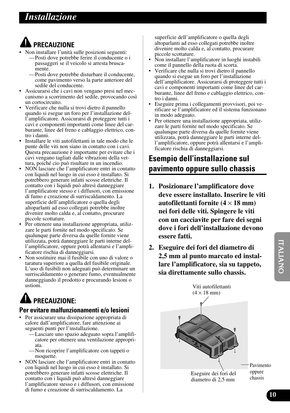 Installazione, Esempio dell’installazione sul pavimento, Oppure sullo chassis | Pioneer GM-3200T User Manual | Page 59 / 85