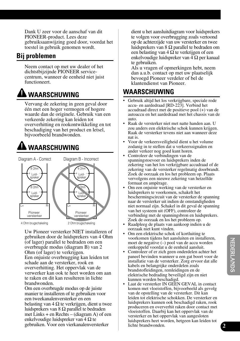 Bij problemen, Waarschuwing | Pioneer GM-3200T User Manual | Page 63 / 85