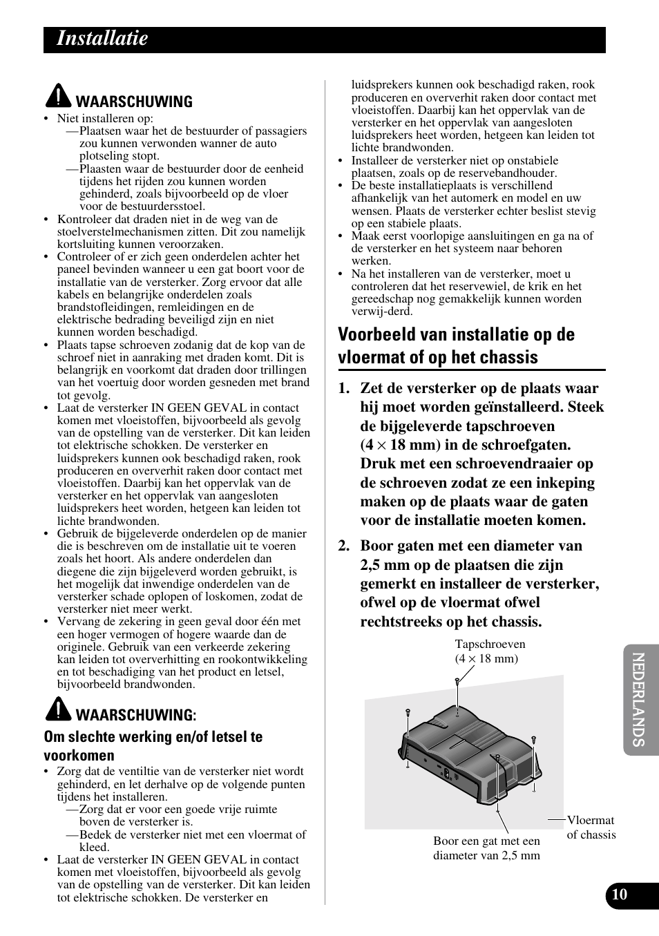 Installatie, Voorbeeld van installatie op de vloermat of, Op het chassis | Pioneer GM-3200T User Manual | Page 71 / 85