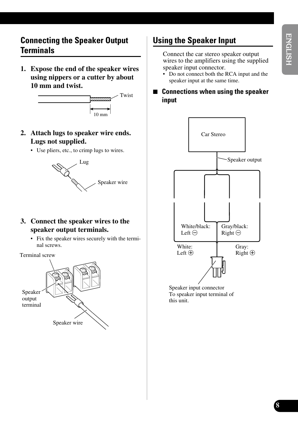 Connecting the speaker output terminals, Using the speaker input | Pioneer GM-3200T User Manual | Page 9 / 85