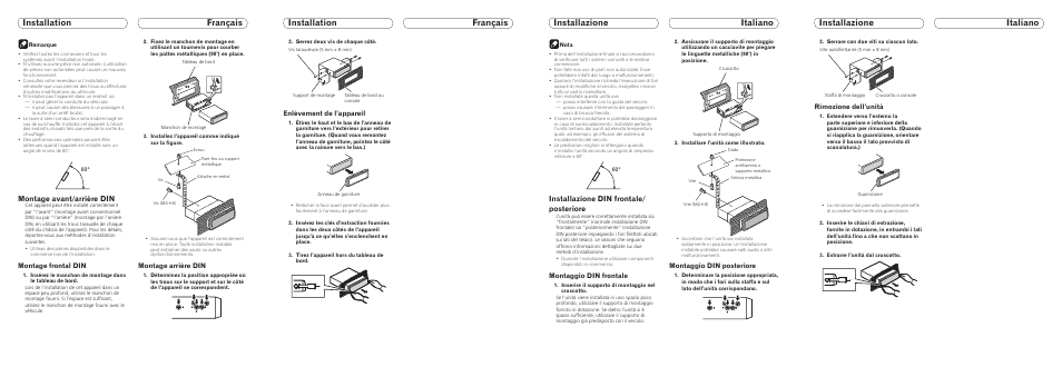 Installation français, Installazione din frontale/ posteriore, Montage avant/arrière din | Enlèvement de l’appareil, Montaggio din frontale, Montaggio din posteriore, Rimozione dell’unità, Montage frontal din, Montage arrière din | Pioneer DEH-7200SD User Manual | Page 2 / 8