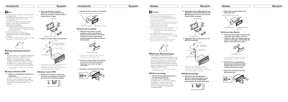 Einbau deutsch einbau deutsch instalación español, Instalación español, Din-front-/rückmontage | Montaje delantero/trasero din, Retirada de la unidad, Din-frontmontage, Din-rückmontage, Entfernen des geräts, Montaje delantero din, Montaje trasero din | Pioneer DEH-7200SD User Manual | Page 3 / 8