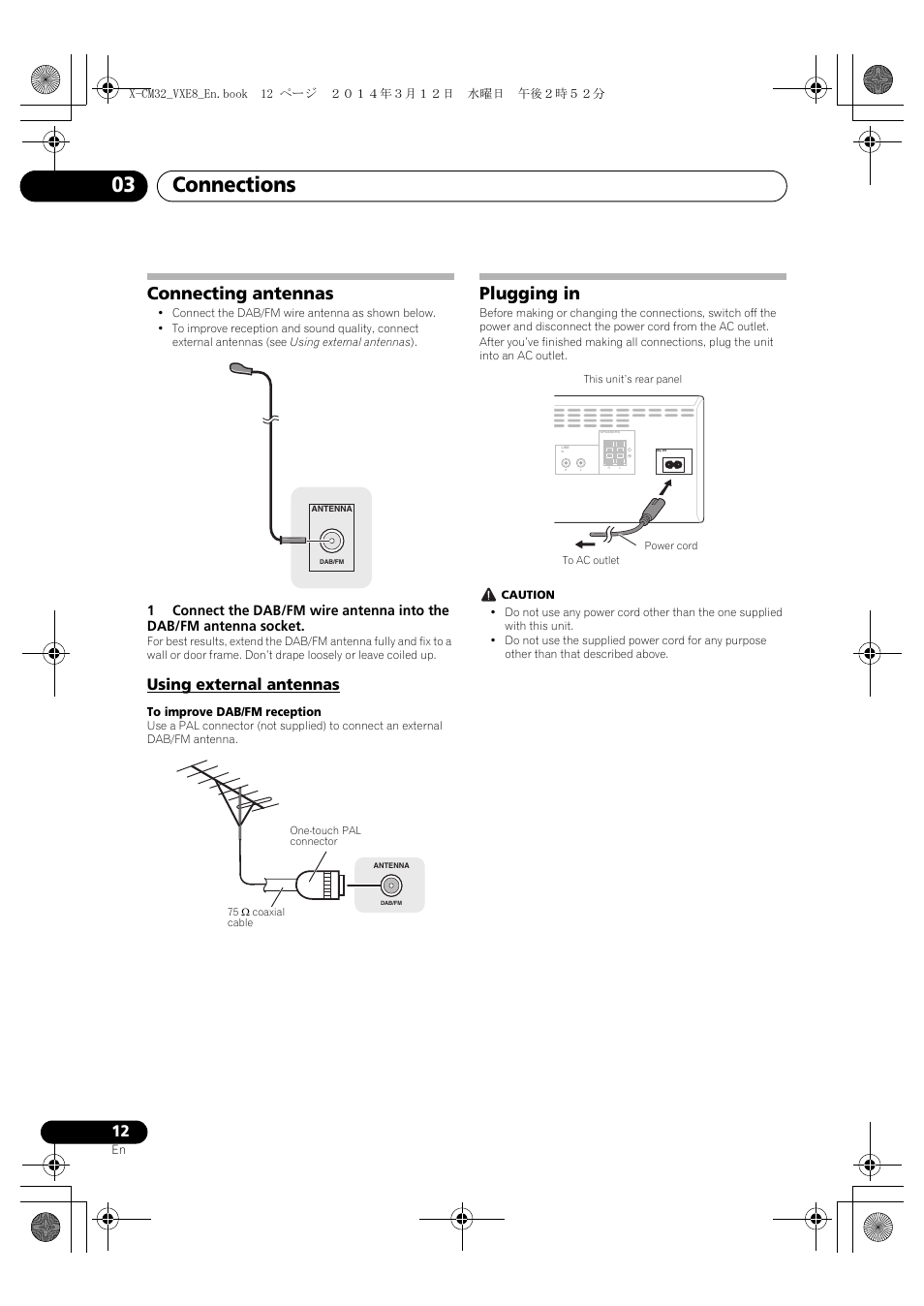 Connecting antennas, Using external antennas, Plugging in | Connections 03 | Pioneer X-CM42BTD-W User Manual | Page 12 / 44