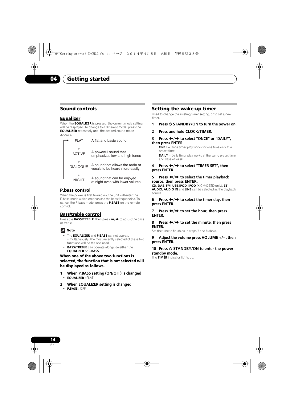 Sound controls, Equalizer, P.bass control | Bass/treble control, Setting the wake-up timer, Getting started 04 | Pioneer X-CM42BTD-W User Manual | Page 14 / 44