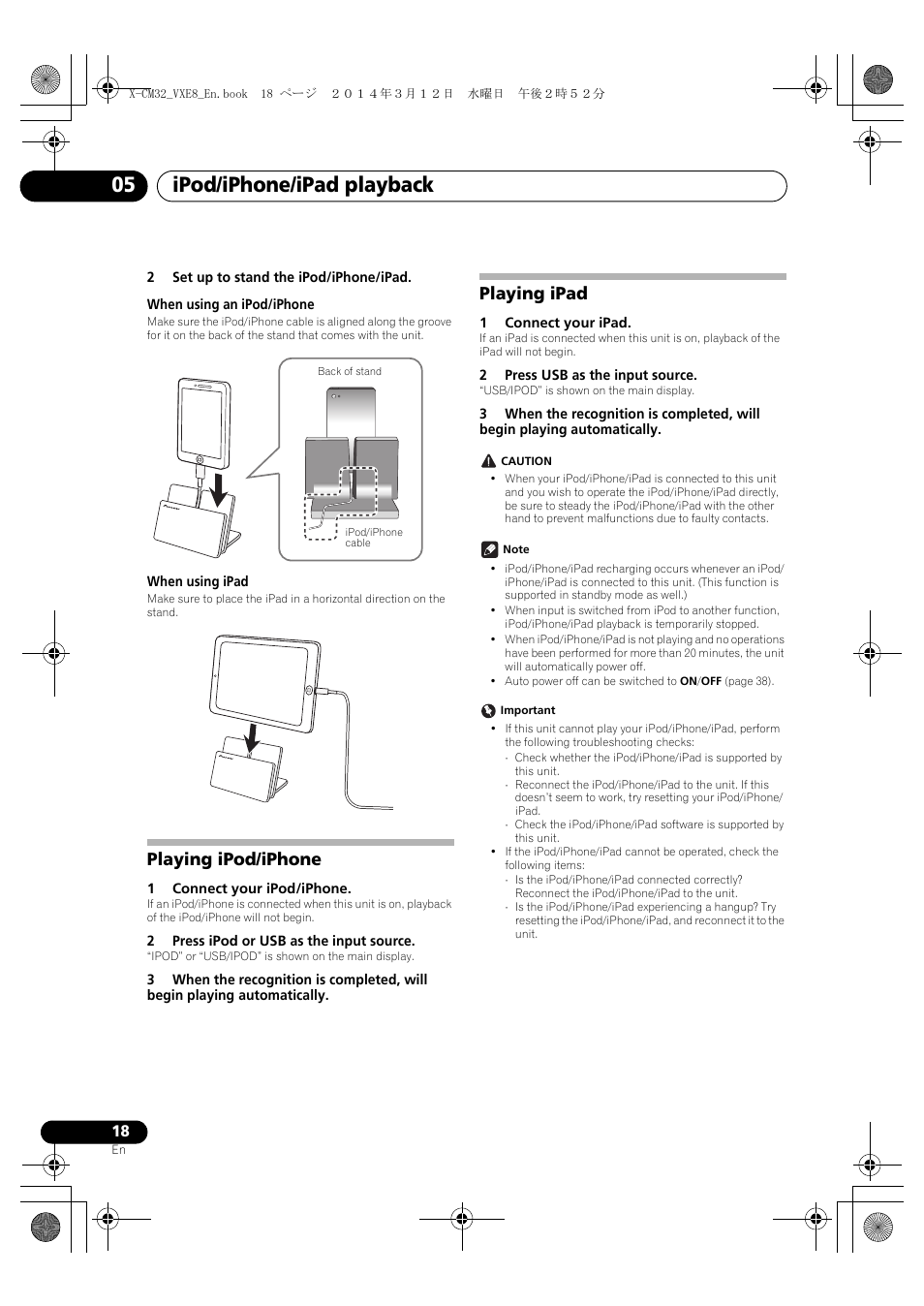 Playing ipod/iphone, Playing ipad, Ipod/iphone/ipad playback 05 | Pioneer X-CM42BTD-W User Manual | Page 18 / 44