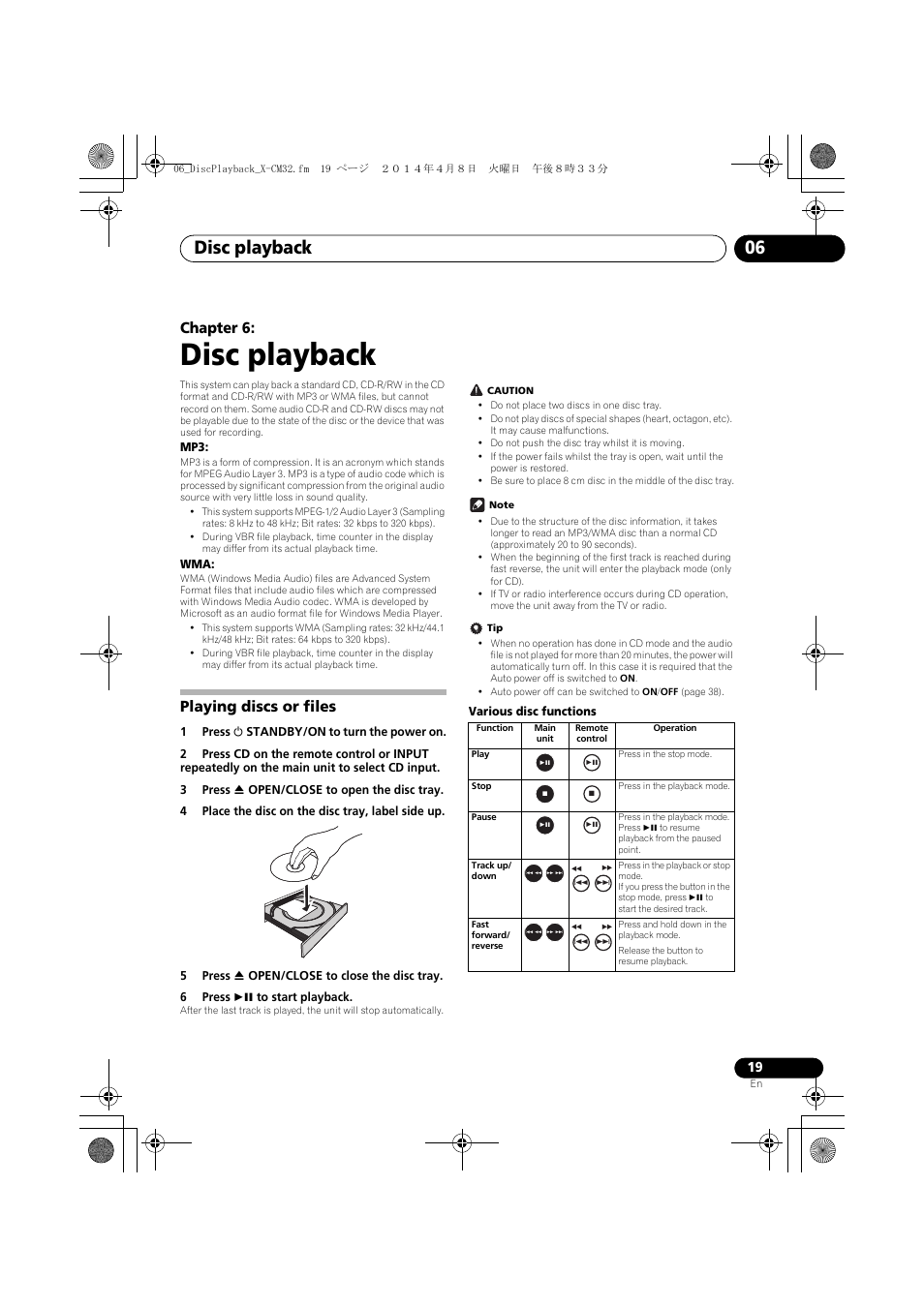 06 disc playback, Playing discs or files, Disc playback | Disc playback 06, English français español, Chapter 6 | Pioneer X-CM42BTD-W User Manual | Page 19 / 44