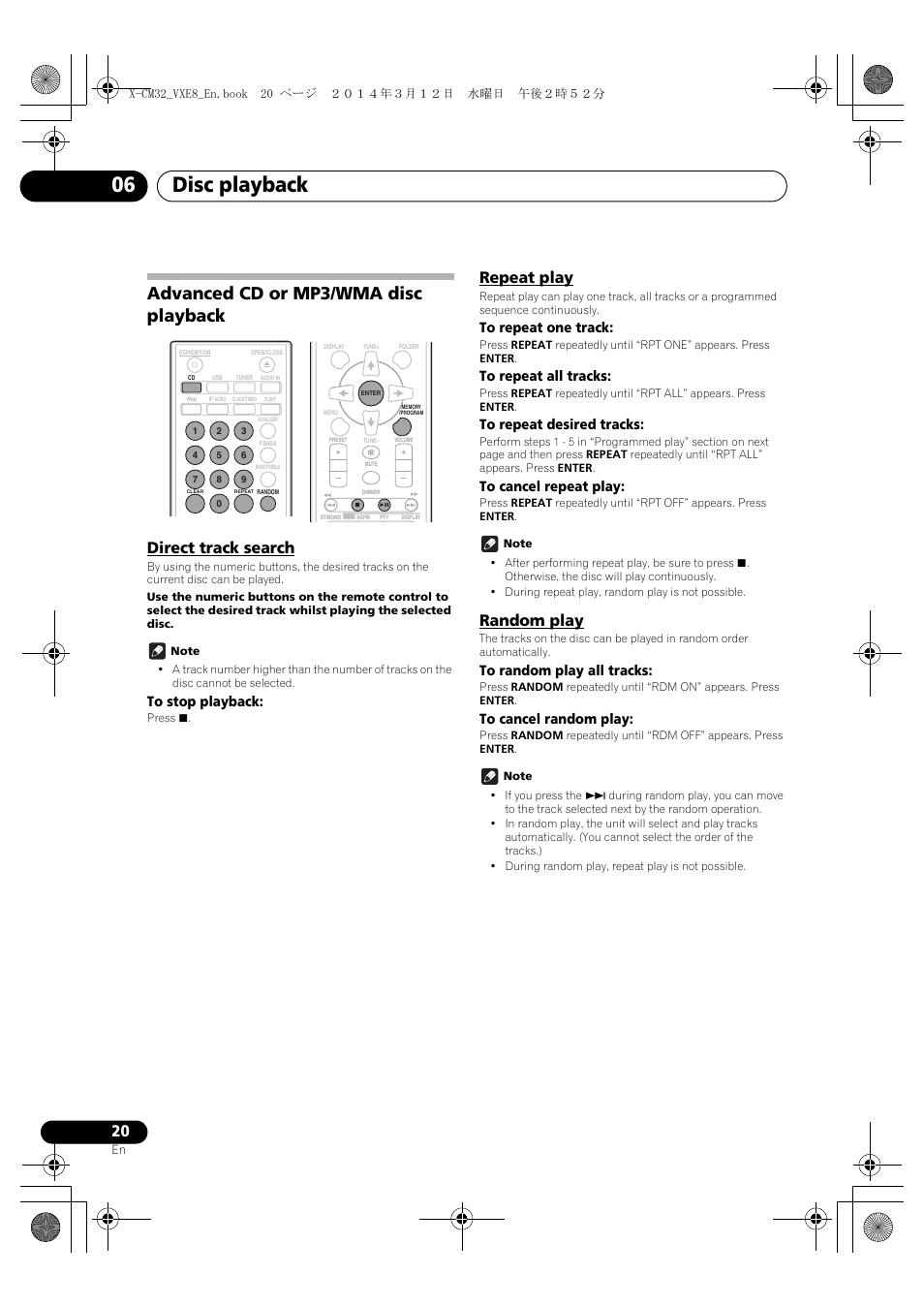 Advanced cd or mp3/wma disc playback, Direct track search, Repeat play | Random play, Disc playback 06 | Pioneer X-CM42BTD-W User Manual | Page 20 / 44