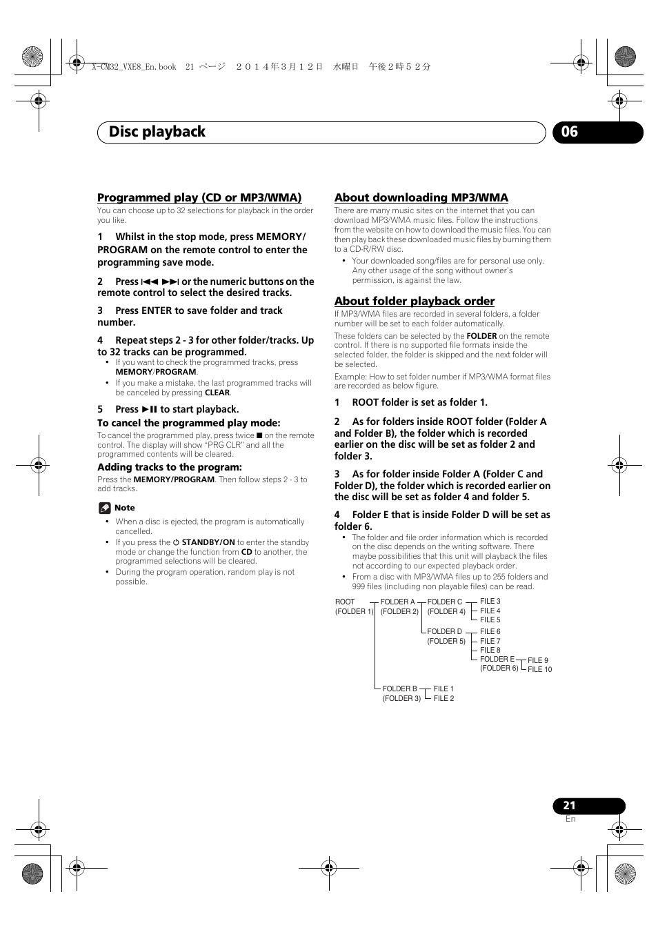 Programmed play (cd or mp3/wma), About downloading mp3/wma, About folder playback order | Disc playback 06, English français español | Pioneer X-CM42BTD-W User Manual | Page 21 / 44