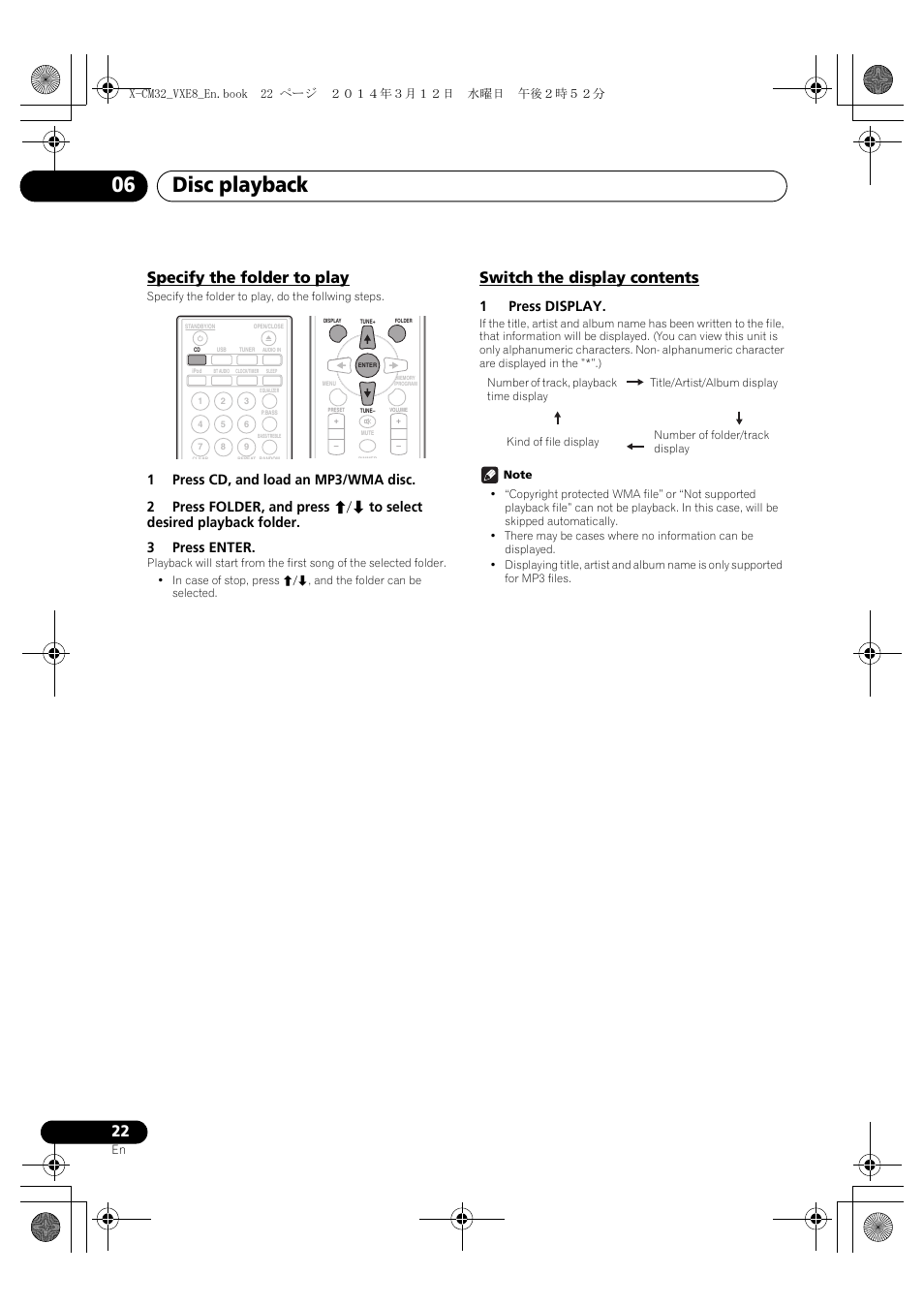 Specify the folder to play, Switch the display contents, Disc playback 06 | 1press display | Pioneer X-CM42BTD-W User Manual | Page 22 / 44