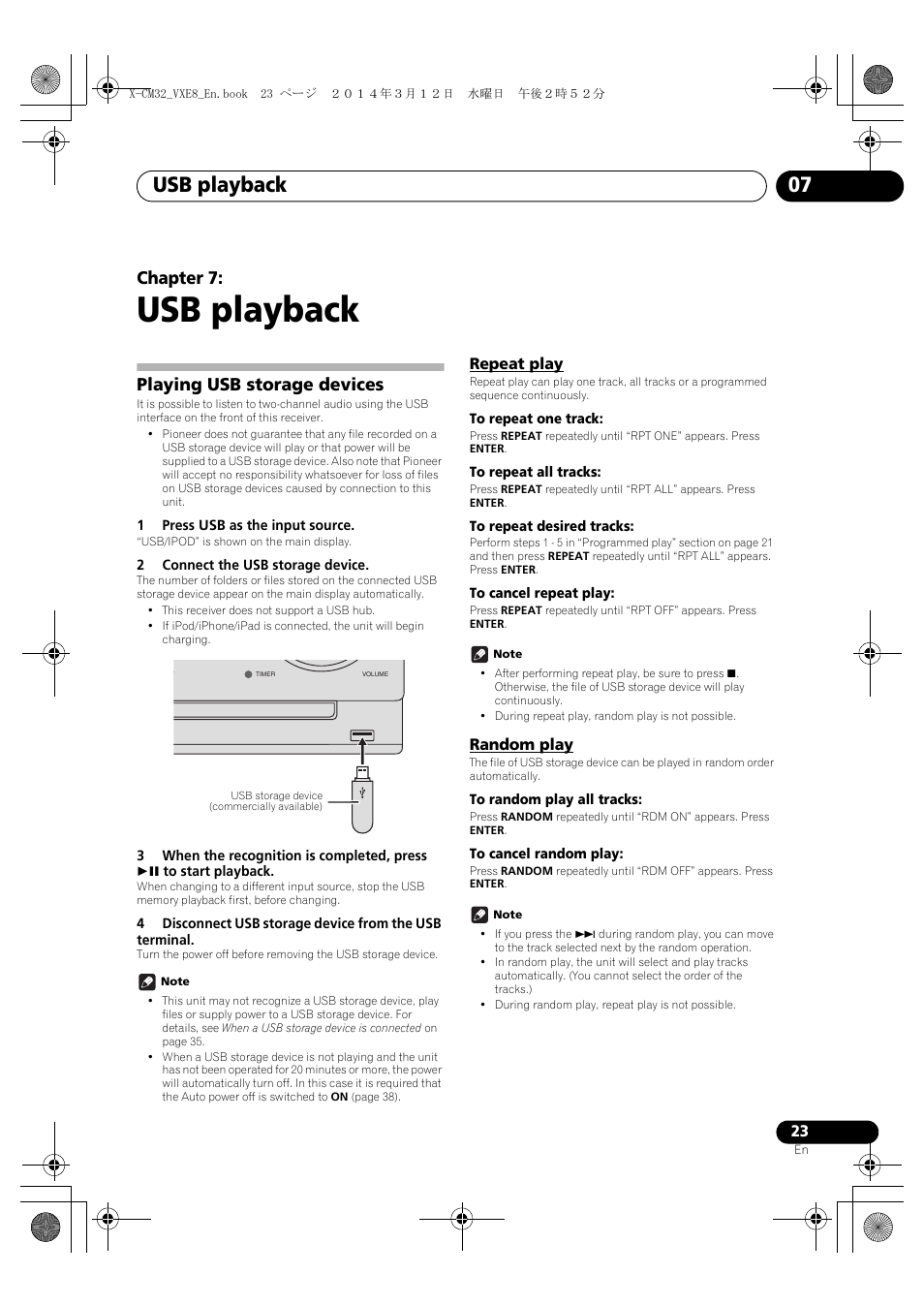 07 usb playback, Playing usb storage devices, Repeat play | Random play, Usb playback, Usb playback 07, English français español, Chapter 7 | Pioneer X-CM42BTD-W User Manual | Page 23 / 44