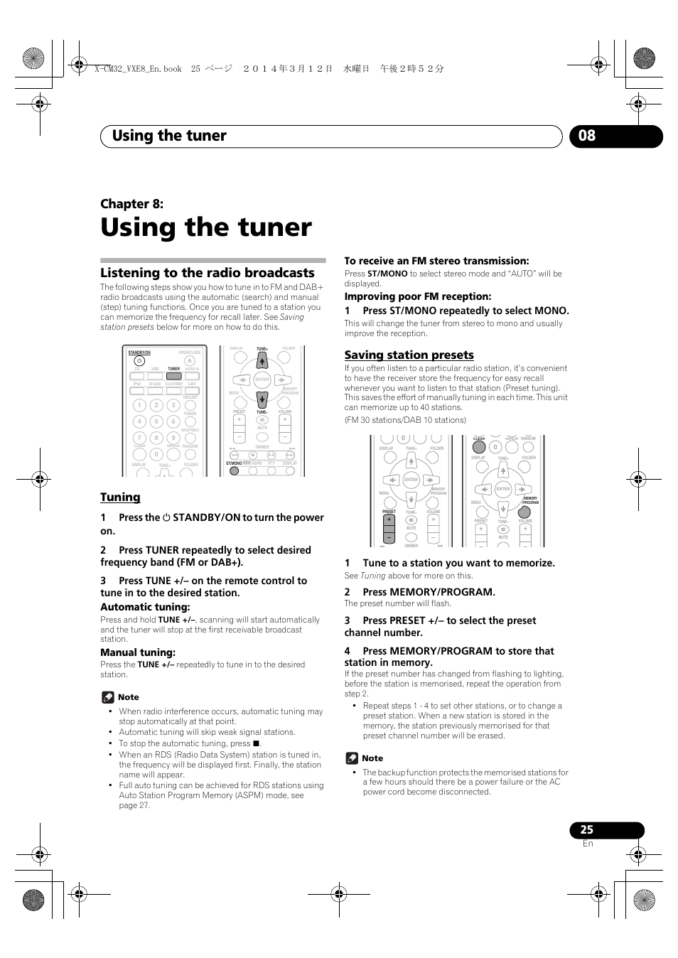 08 using the tuner, Listening to the radio broadcasts, Tuning | Saving station presets, Using the tuner, Using the tuner 08, English français español, Chapter 8, Manual tuning | Pioneer X-CM42BTD-W User Manual | Page 25 / 44