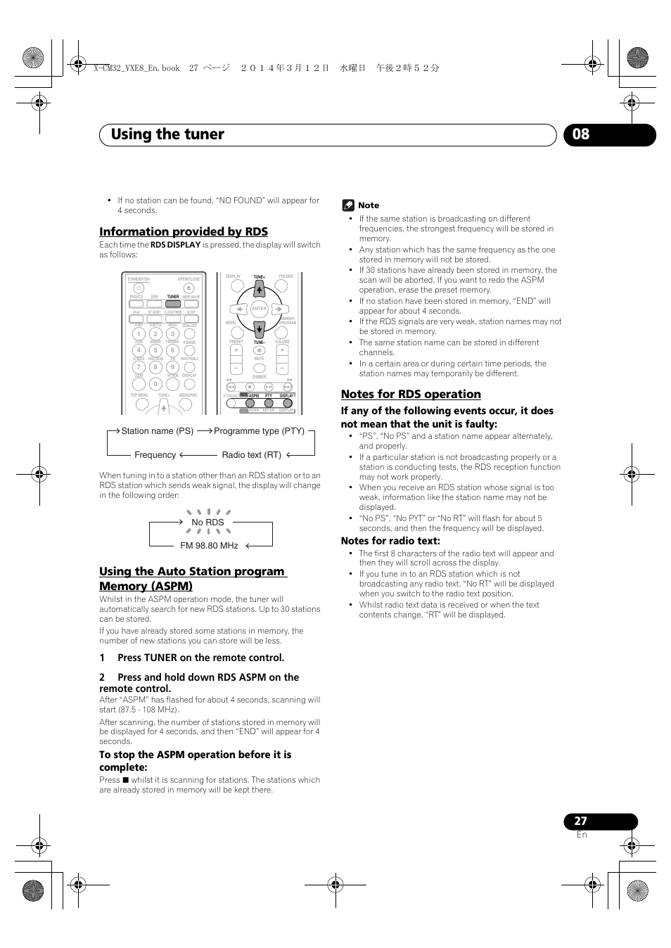 Information provided by rds, Using the auto station program memory (aspm), Notes for rds operation | Using the tuner 08, English français español | Pioneer X-CM42BTD-W User Manual | Page 27 / 44