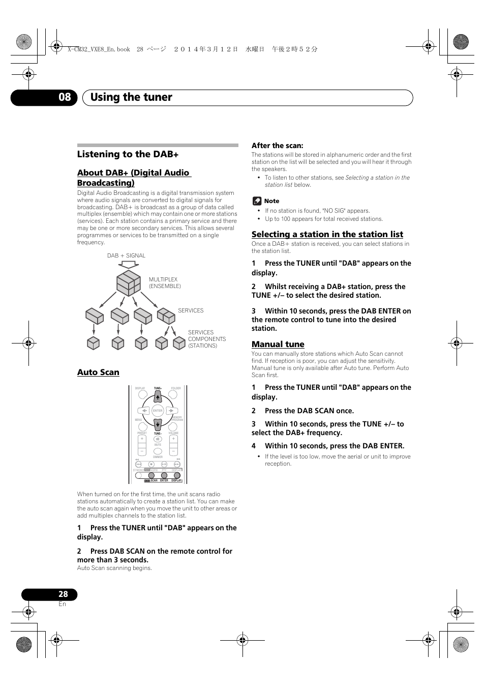 Listening to the dab, About dab+ (digital audio broadcasting), Auto scan | Selecting a station in the station list, Manual tune, Using the tuner 08 | Pioneer X-CM42BTD-W User Manual | Page 28 / 44