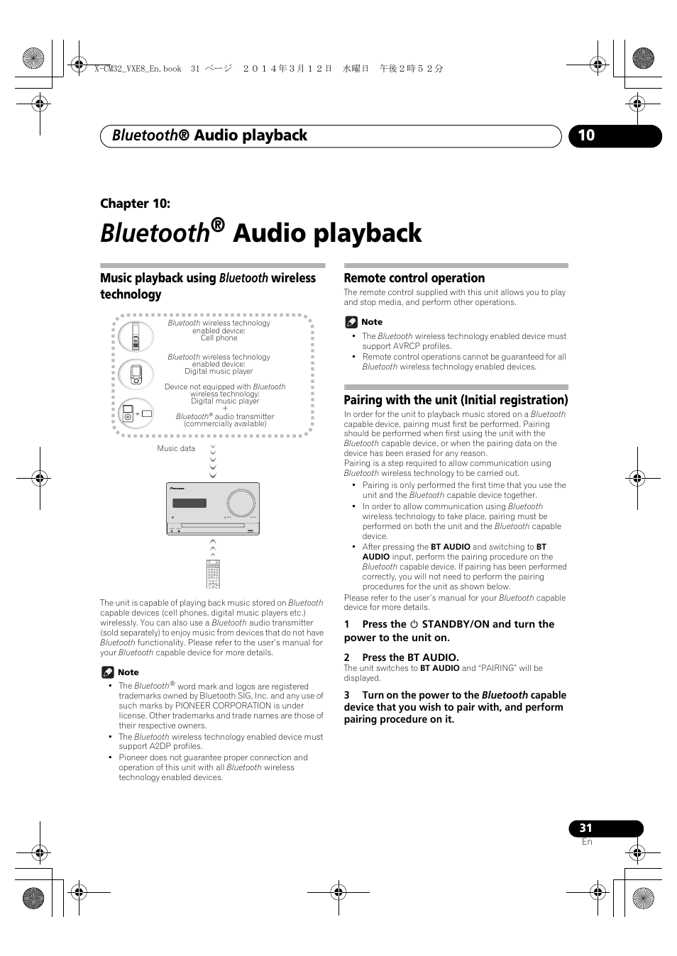 10 bluetooth, Audio playback, Music playback using bluetooth wireless technology | Remote control operation, Pairing with the unit (initial registration), Bluetooth, Bluetooth ® audio playback, English français español, Chapter 10 | Pioneer X-CM42BTD-W User Manual | Page 31 / 44