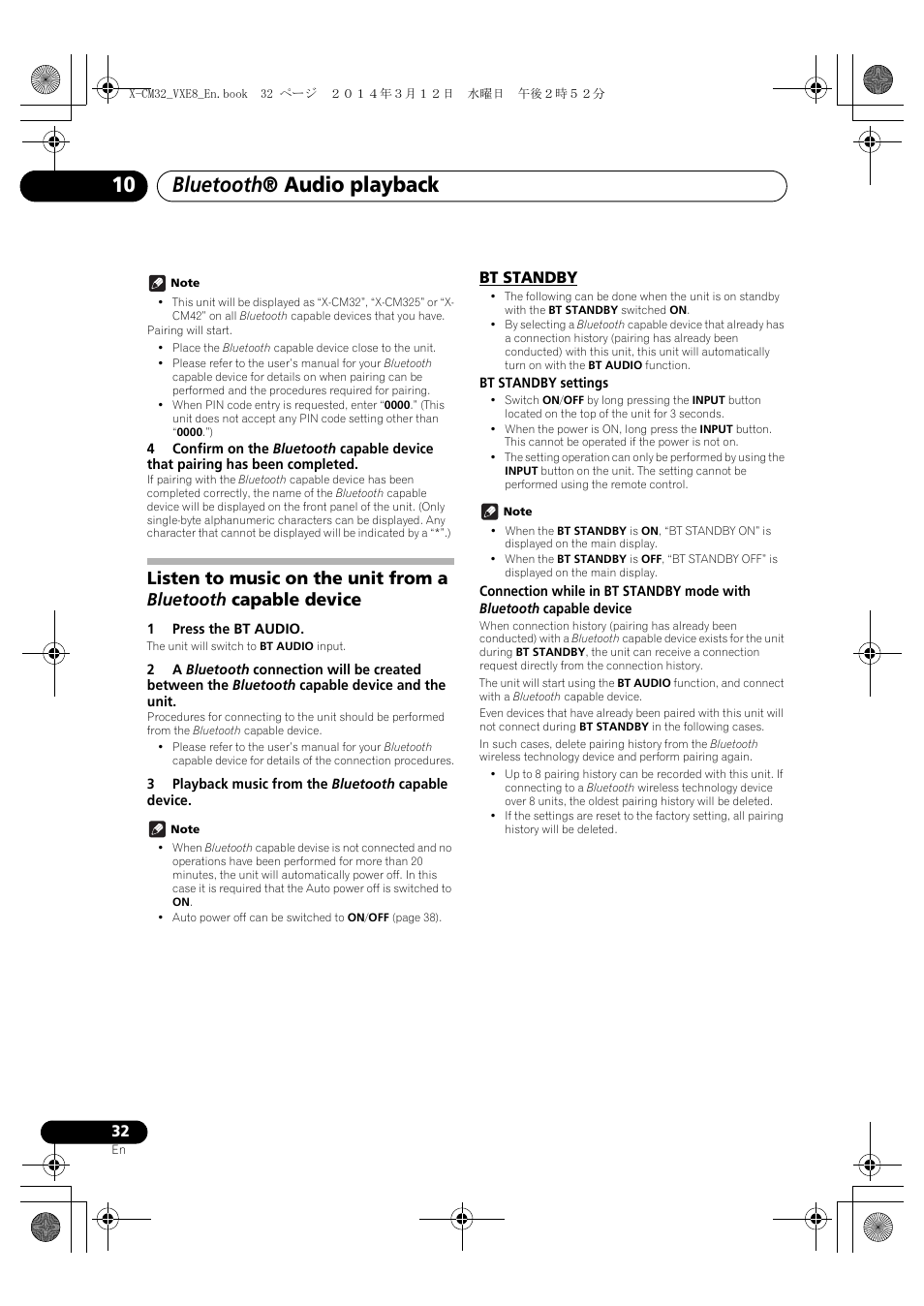 Device, Bt standby, Bluetooth ® audio playback | Pioneer X-CM42BTD-W User Manual | Page 32 / 44