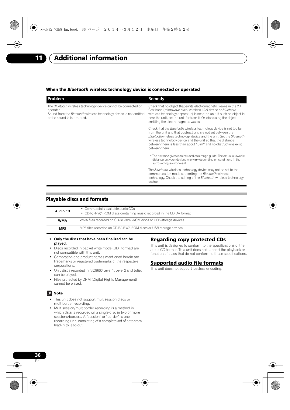 Playable discs and formats, Regarding copy protected cds, Supported audio file formats | Additional information 11 | Pioneer X-CM42BTD-W User Manual | Page 36 / 44