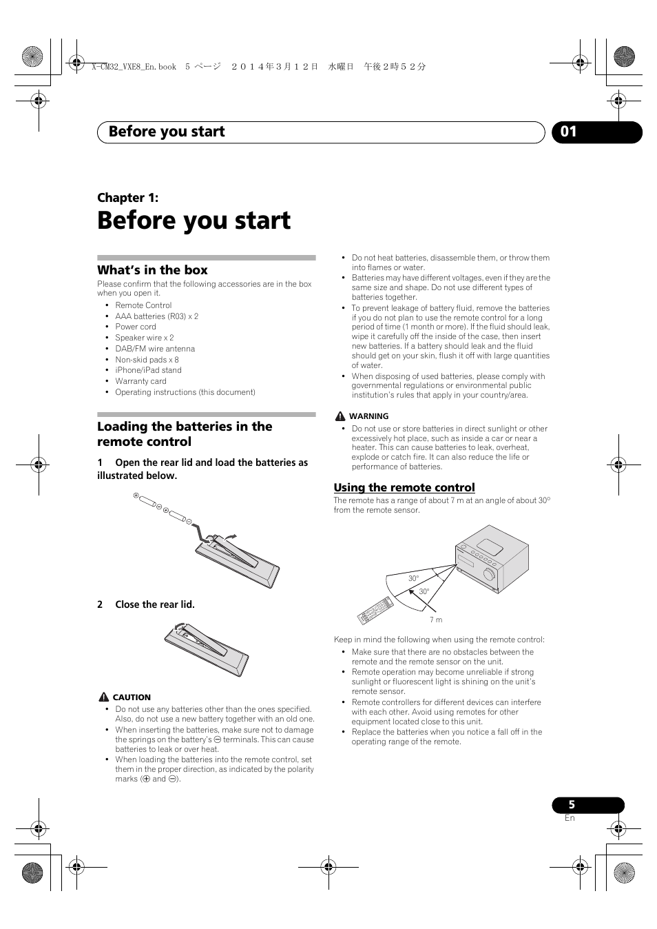 01 before you start, What’s in the box, Loading the batteries in the remote control | Using the remote control, Before you start, Before you start 01, English français español, Chapter 1 | Pioneer X-CM42BTD-W User Manual | Page 5 / 44