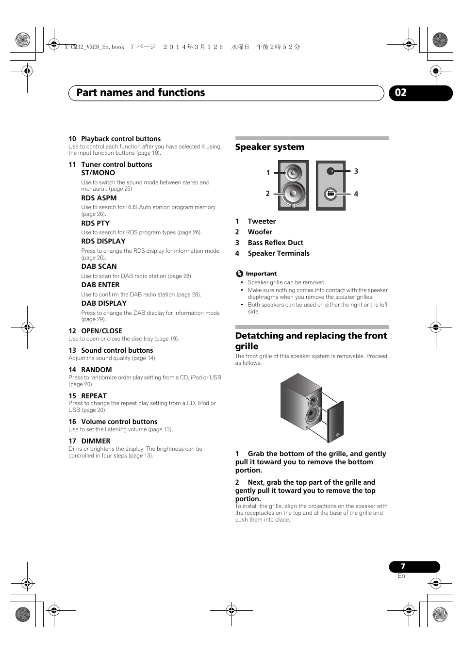Speaker system, Detatching and replacing the front grille, Part names and functions 02 | English français español | Pioneer X-CM42BTD-W User Manual | Page 7 / 44