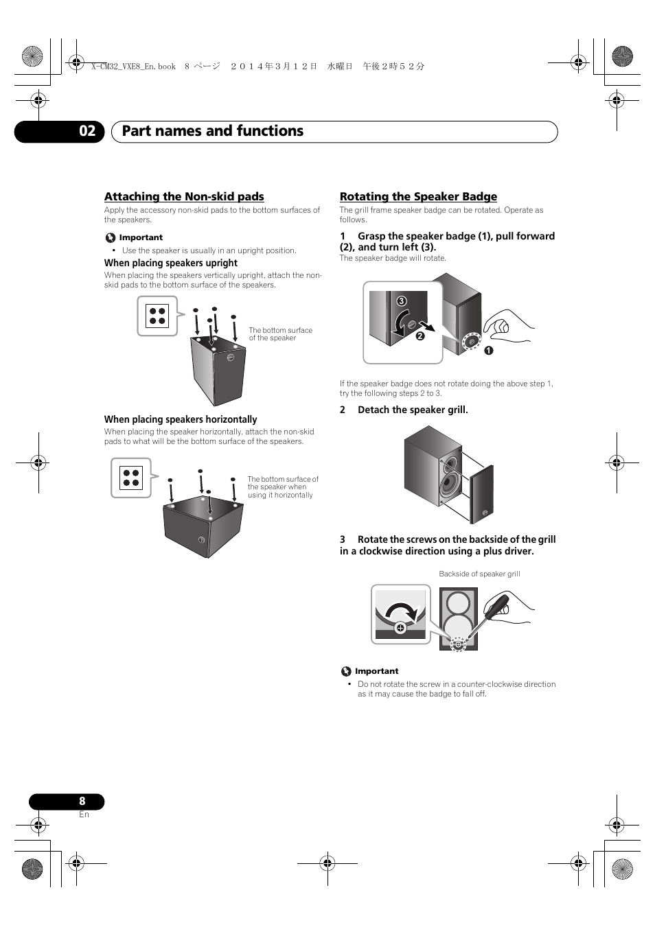 Attaching the non-skid pads, Rotating the speaker badge, Part names and functions 02 | Pioneer X-CM42BTD-W User Manual | Page 8 / 44