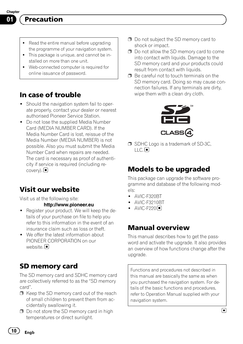 Precaution in case of trouble, Visit our website, Sd memory card | Models to be upgraded, Manual overview, 01 precaution | Pioneer AVIC-F220 User Manual | Page 10 / 96