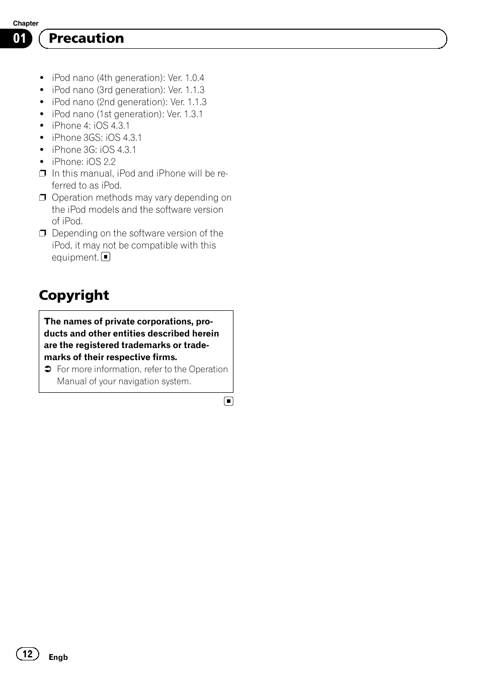 Copyright, 01 precaution | Pioneer AVIC-F220 User Manual | Page 12 / 96