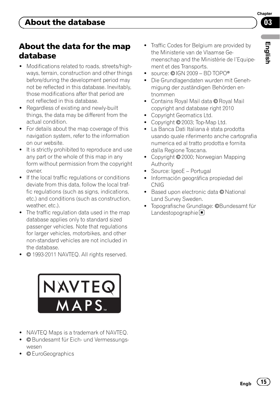 About the data for the map database, 03 about the database | Pioneer AVIC-F220 User Manual | Page 15 / 96
