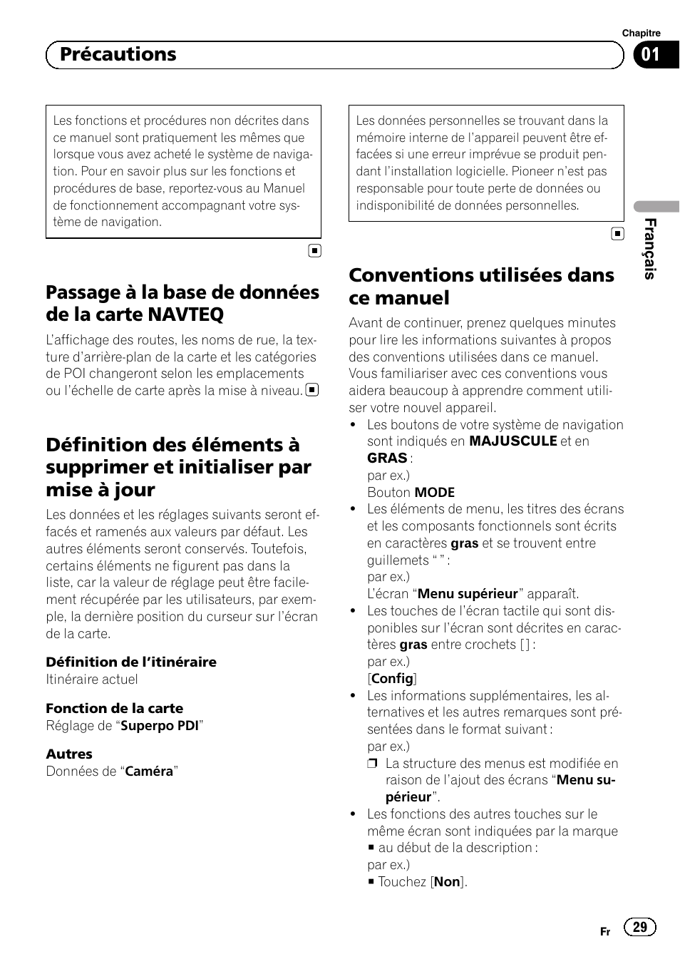 Passage à la base de données de la carte, Navteq, Définition des éléments à supprimer et | Initialiser par mise à jour, Conventions utilisées dans ce manuel, Passage à la base de données de la carte navteq, 01 précautions | Pioneer AVIC-F220 User Manual | Page 29 / 96