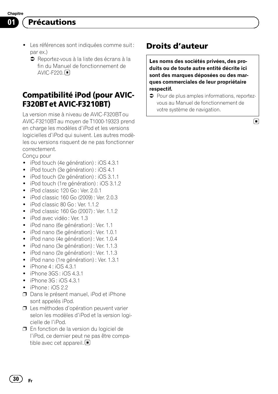 Compatibilité ipod (pour avic-f320bt et, Avic-f3210bt), Droits d | Auteur 30, Droits d ’auteur, 01 précautions | Pioneer AVIC-F220 User Manual | Page 30 / 96