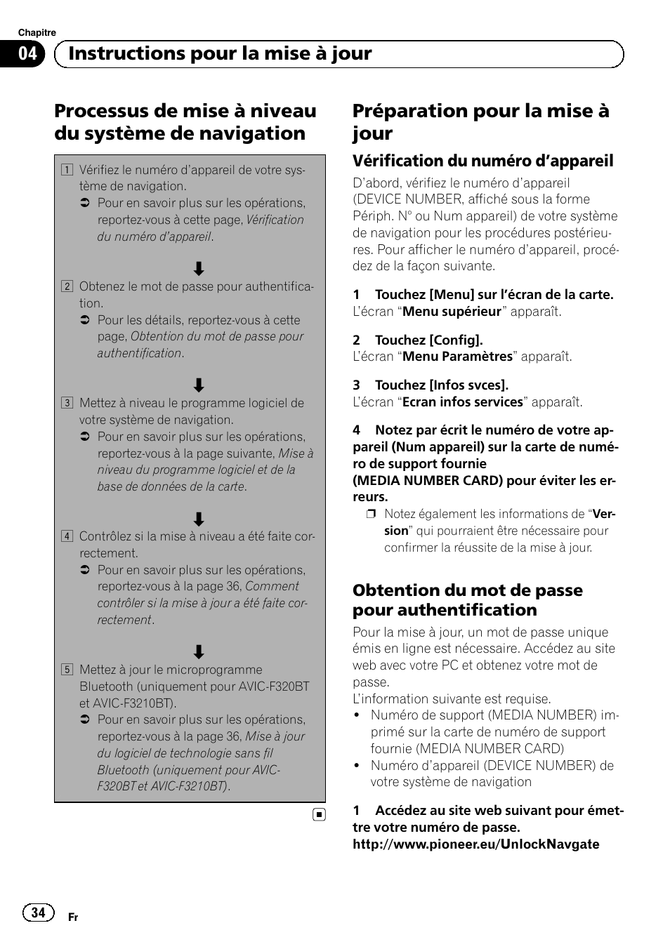Navigation, Préparation pour la mise à jour, Vérification du numéro d’appareil 34 | Obtention du mot de passe pour, Authentification, 04 instructions pour la mise à jour, Vérification du numéro d ’appareil, Obtention du mot de passe pour authentification | Pioneer AVIC-F220 User Manual | Page 34 / 96
