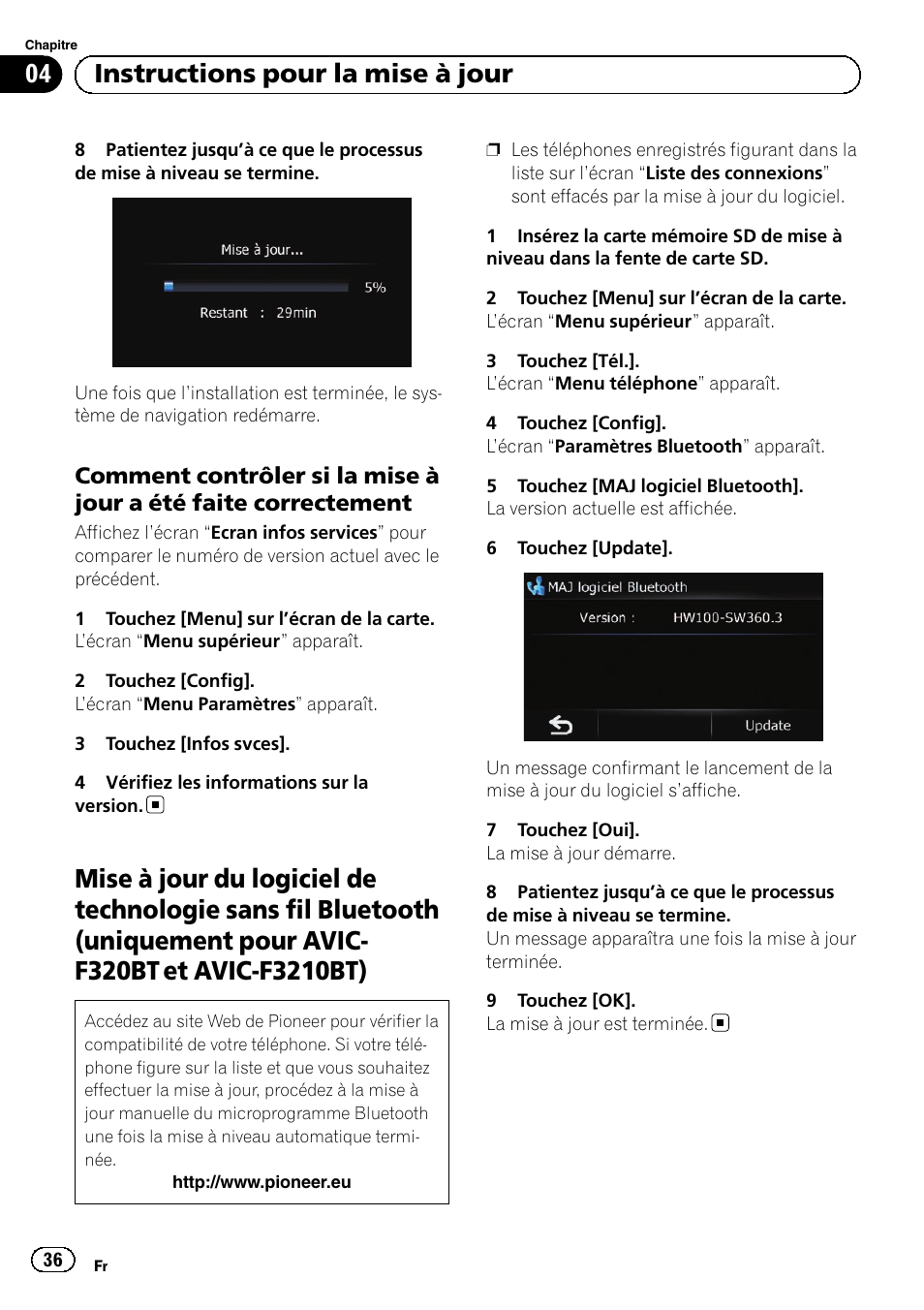 Comment contrôler si la mise à jour a, Été faite correctement, Mise à jour du logiciel de technologie sans fil | 04 instructions pour la mise à jour | Pioneer AVIC-F220 User Manual | Page 36 / 96